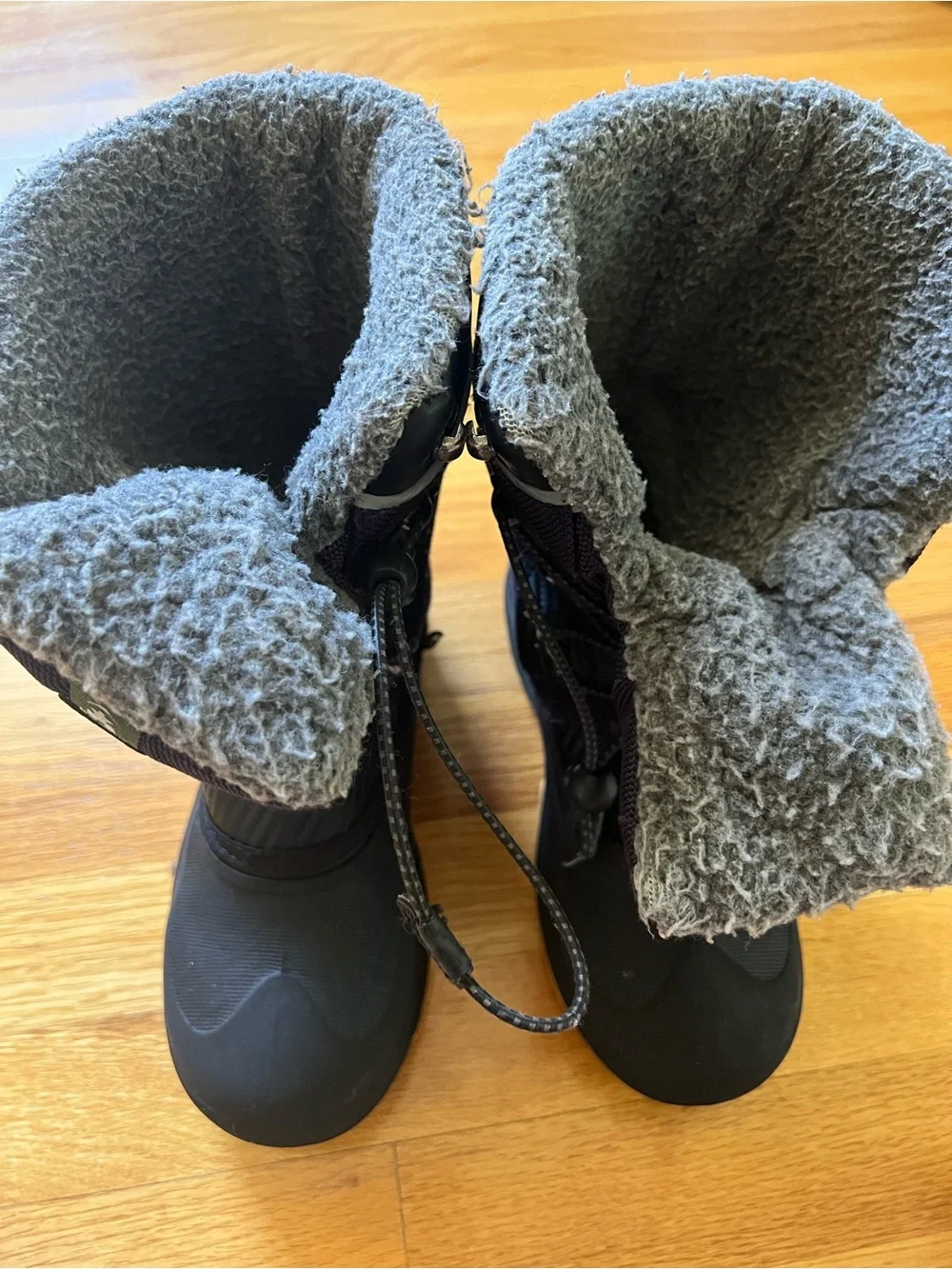 Kamik Kids Snow Boots in Black and Navy/Purple with Gray Fleece Collar